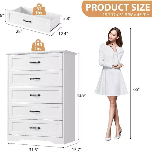 5-Drawer Dresser, White, Sturdy Storage, Smooth Gliding Drawers, for Bedroom & Guest Room