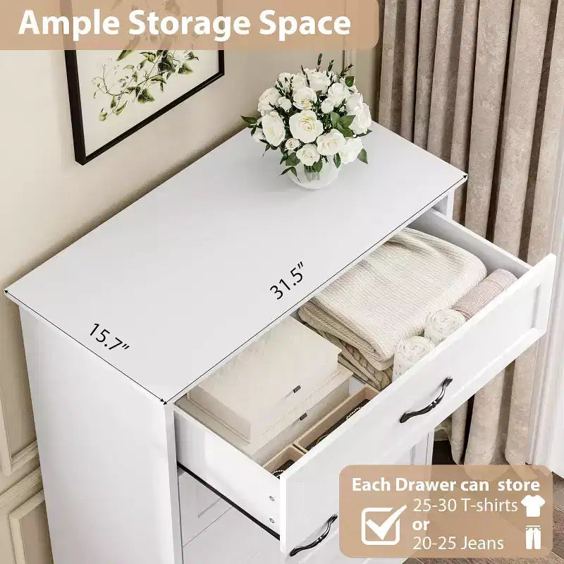 5-Drawer Dresser, White, Sturdy Storage, Smooth Gliding Drawers, for Bedroom & Guest Room