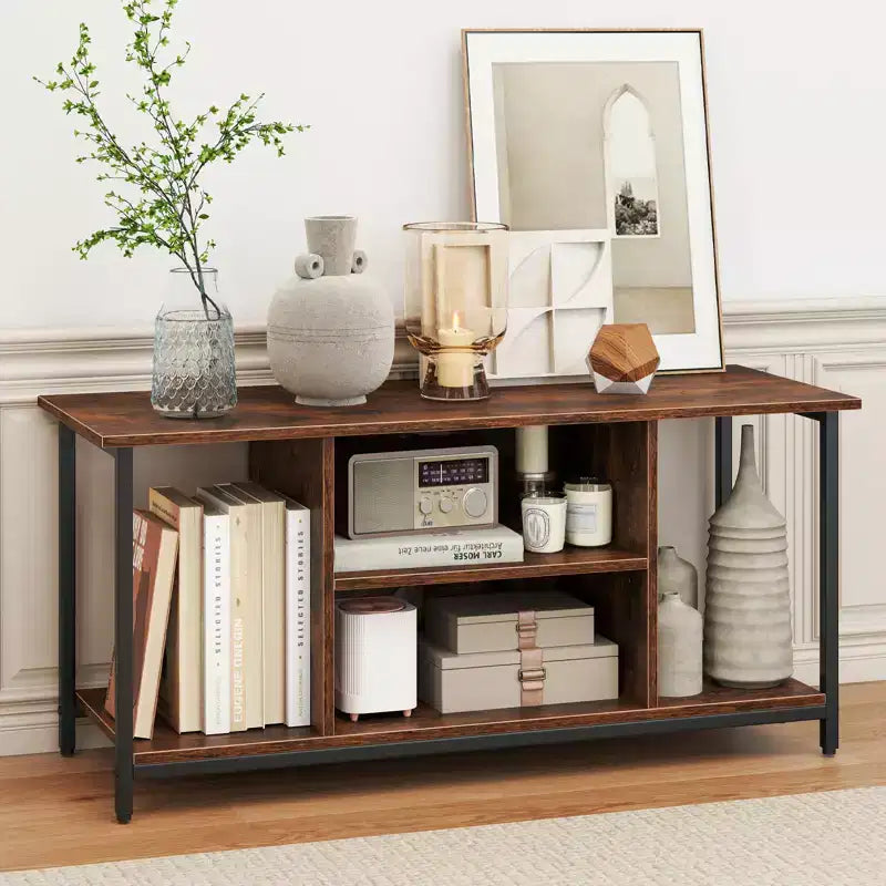 Costway TV Stand for TVs up to 50 Inches 3-Tier Industrial Entertainment Center with 2 Open Compartments & Adjustable Shelf with Power Outlet Brown