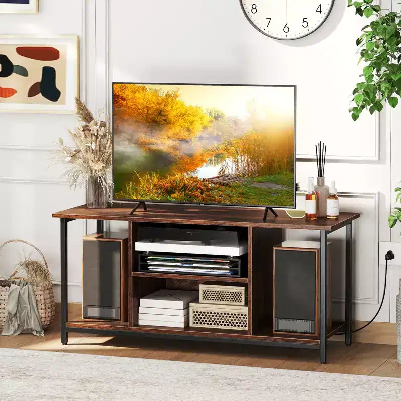 Costway TV Stand for TVs up to 50 Inches 3-Tier Industrial Entertainment Center with 2 Open Compartments & Adjustable Shelf with Power Outlet Brown