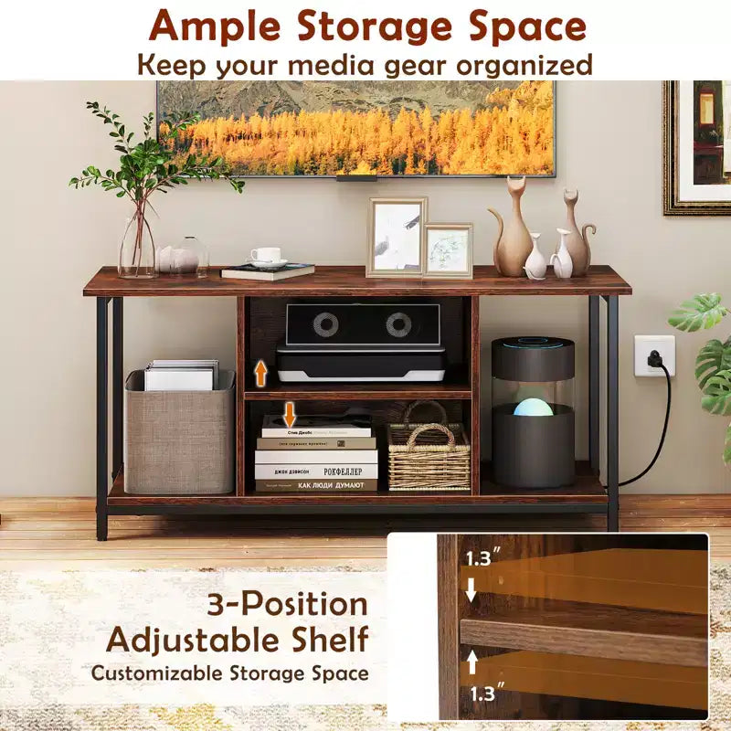 Costway TV Stand for TVs up to 50 Inches 3-Tier Industrial Entertainment Center with 2 Open Compartments & Adjustable Shelf with Power Outlet Brown