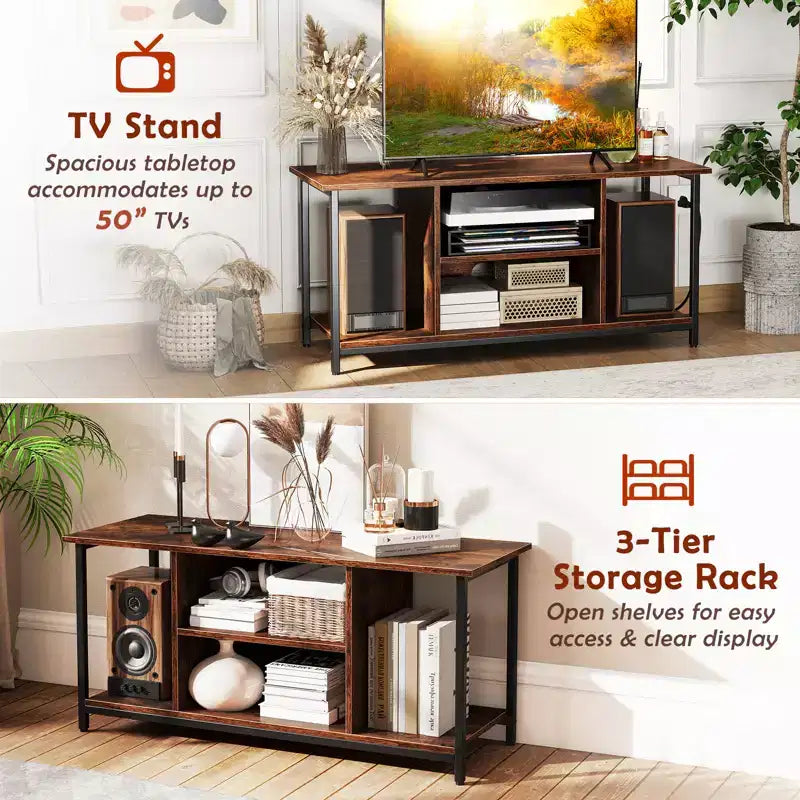 Costway TV Stand for TVs up to 50 Inches 3-Tier Industrial Entertainment Center with 2 Open Compartments & Adjustable Shelf with Power Outlet Brown