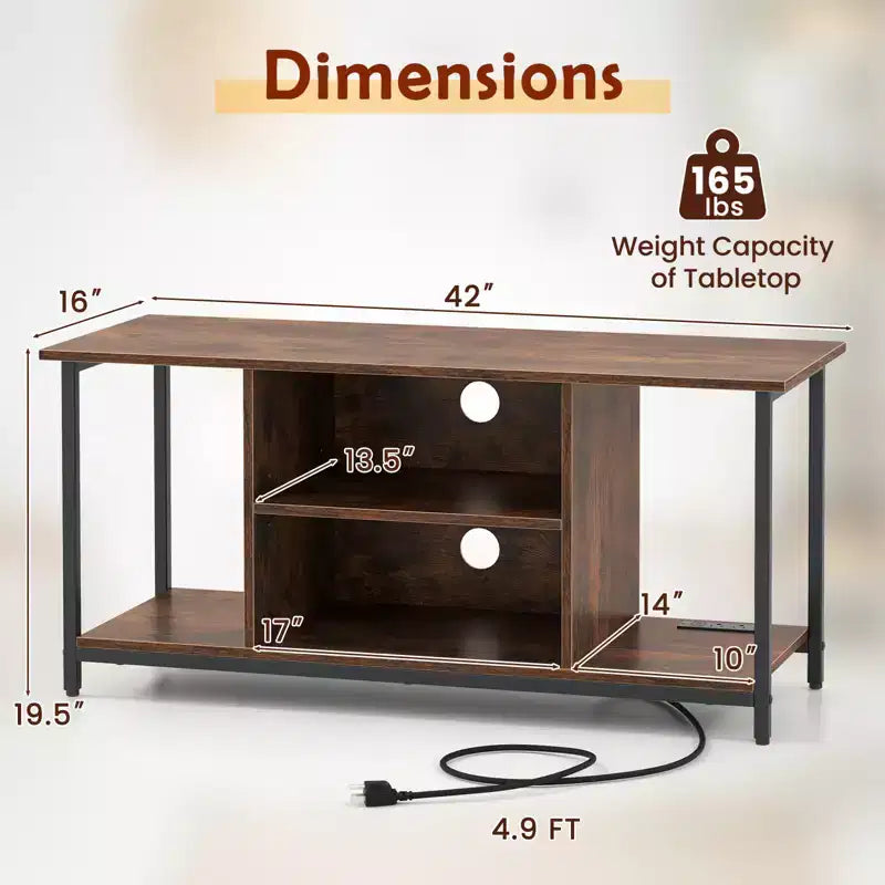 Costway TV Stand for TVs up to 50 Inches 3-Tier Industrial Entertainment Center with 2 Open Compartments & Adjustable Shelf with Power Outlet Brown