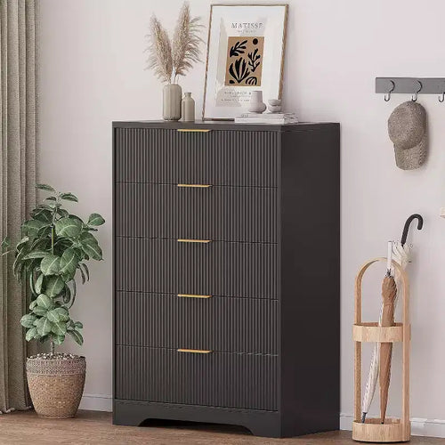 47 Inch Tall Fluted 5-Drawer Dresser with Gold Handles, Wood Tone Finish Storage Cabinet for Bedroom Closet and Entryway, Multi-Use Organizer