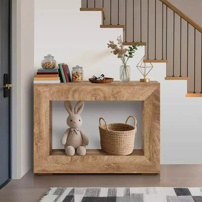 Farmhouse Entryway Bench with Shoe Storage Shelf & Coat Hooks, Natural Wood