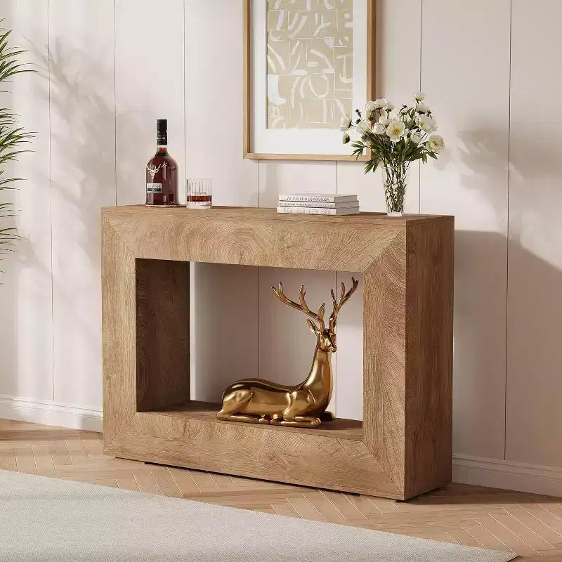 Farmhouse Entryway Bench with Shoe Storage Shelf & Coat Hooks, Natural Wood
