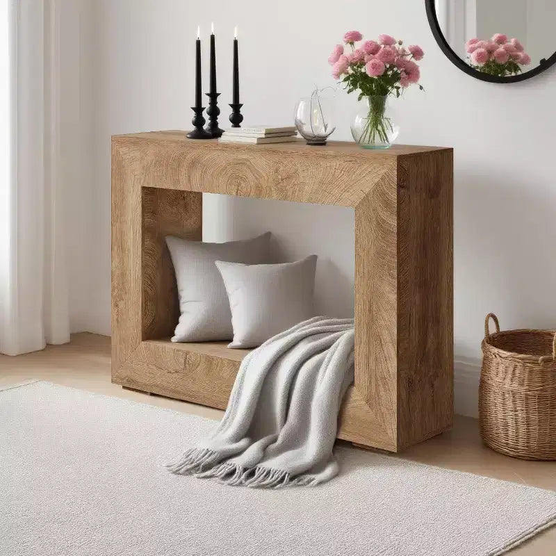 Farmhouse Entryway Bench with Shoe Storage Shelf & Coat Hooks, Natural Wood