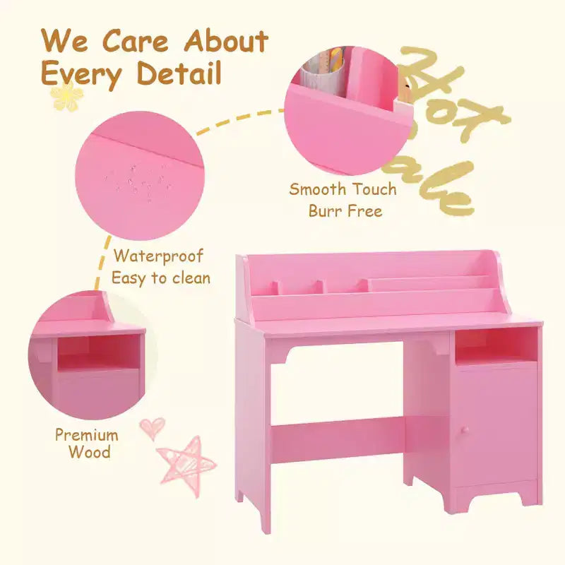 Wooden Study Writing Table with Chair and Cabinet for Children