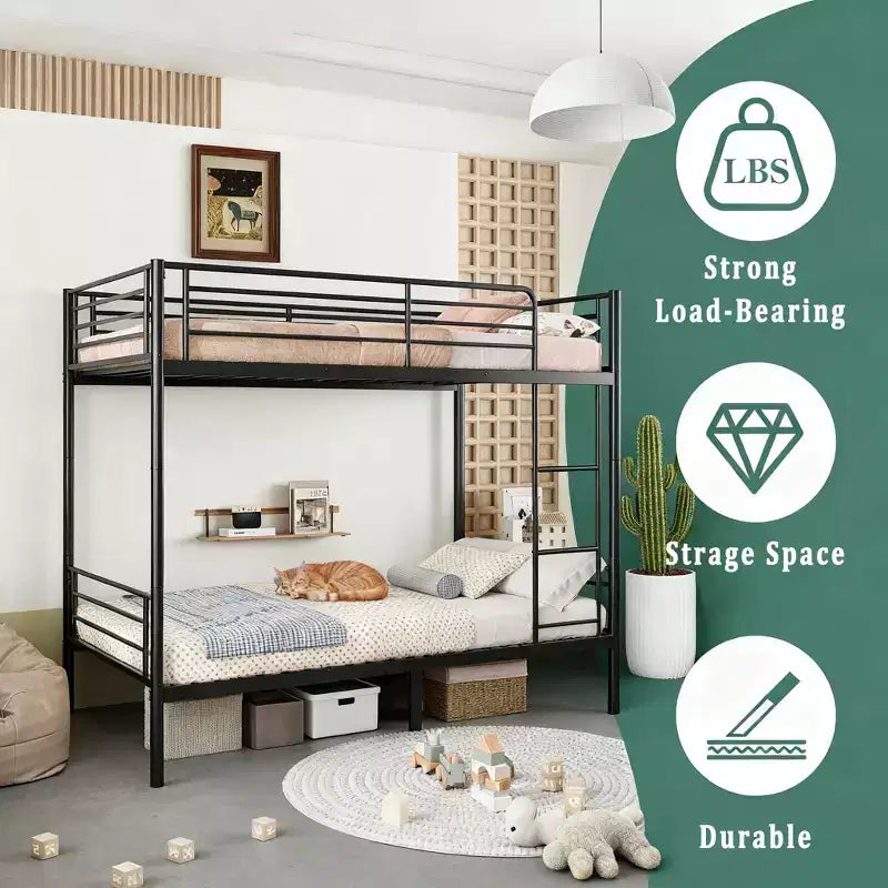 Okak Twin Size Heavy Duty Metal Bunk Bed with Ladders & High Guardrail,Contemporary Bed Frame for Bedroom,Apartments