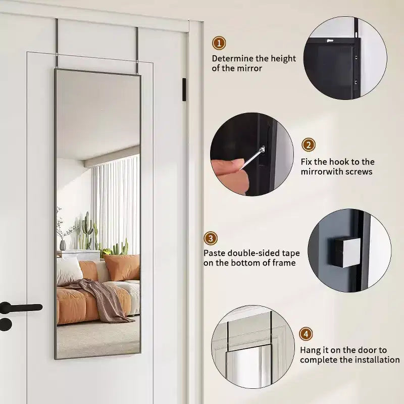 Door Mirror, Over The Door Full Length Mirror, 48x14 Hanging Mirror for Bedroom, Living Room, Entryway, Dorm, Black