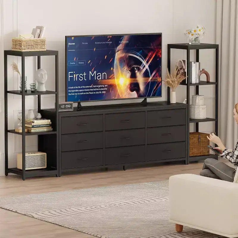 TV Stands Dresser with 9 Fabric Drawers, Large Entertainment Center with 2 Industrial 4-Tier Shelves, Modern TV Console Cabinet for Living Room