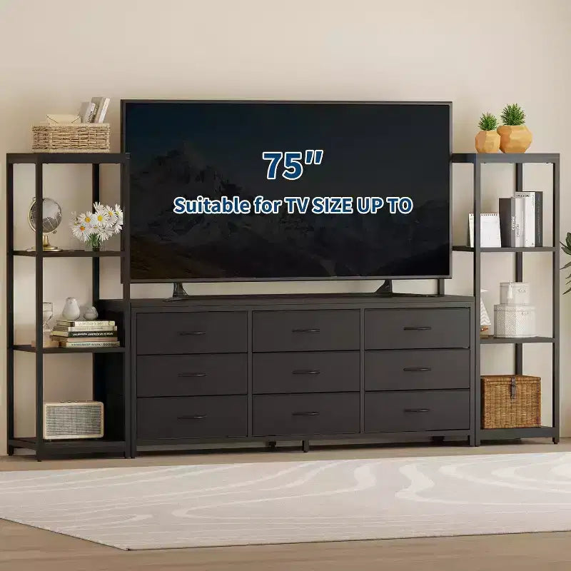 TV Stands Dresser with 9 Fabric Drawers, Large Entertainment Center with 2 Industrial 4-Tier Shelves, Modern TV Console Cabinet for Living Room