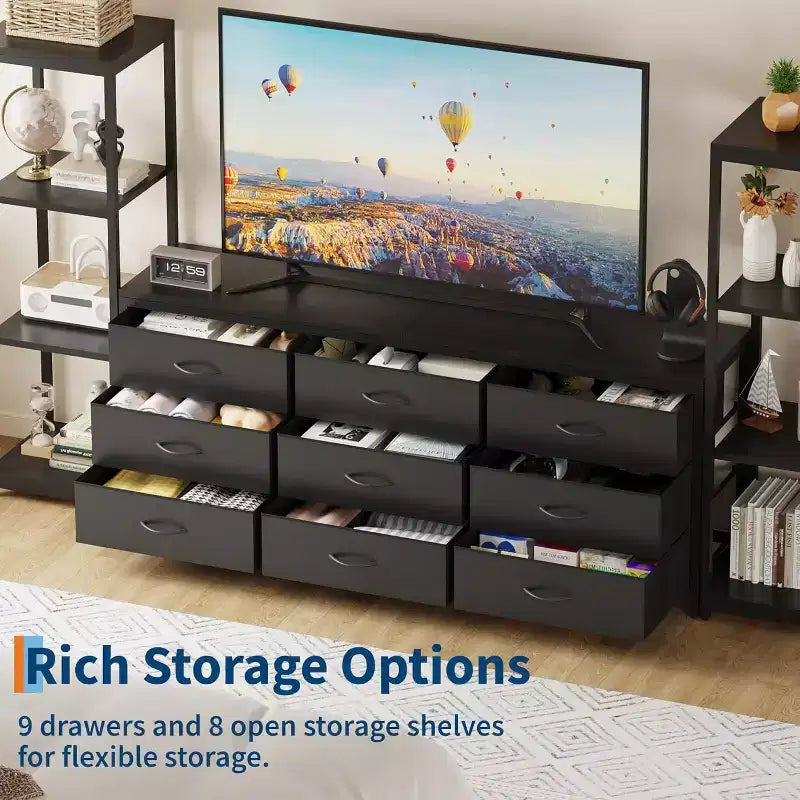 TV Stands Dresser with 9 Fabric Drawers, Large Entertainment Center with 2 Industrial 4-Tier Shelves, Modern TV Console Cabinet for Living Room