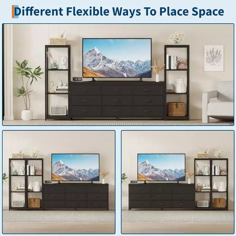TV Stands Dresser with 9 Fabric Drawers, Large Entertainment Center with 2 Industrial 4-Tier Shelves, Modern TV Console Cabinet for Living Room