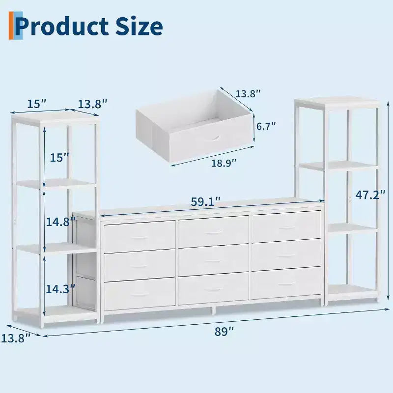 TV Stands Dresser with 9 Fabric Drawers, Large Entertainment Center with 2 Industrial 4-Tier Shelves, Modern TV Console Cabinet for Living Room