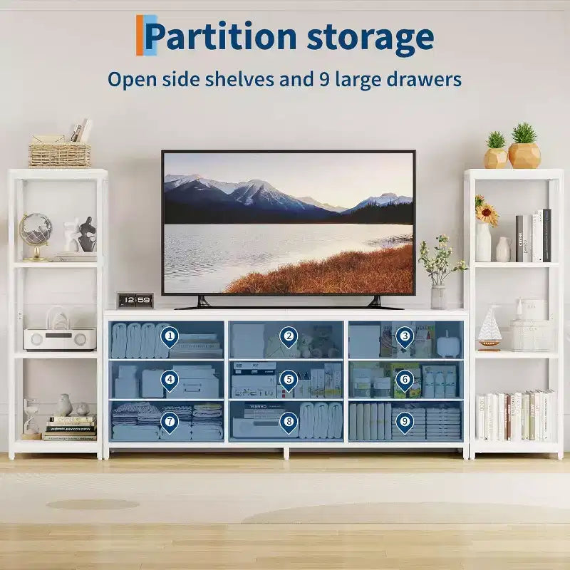 TV Stands Dresser with 9 Fabric Drawers, Large Entertainment Center with 2 Industrial 4-Tier Shelves, Modern TV Console Cabinet for Living Room