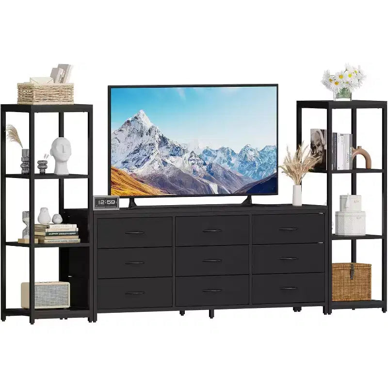 TV Stands Dresser with 9 Fabric Drawers, Large Entertainment Center with 2 Industrial 4-Tier Shelves, Modern TV Console Cabinet for Living Room