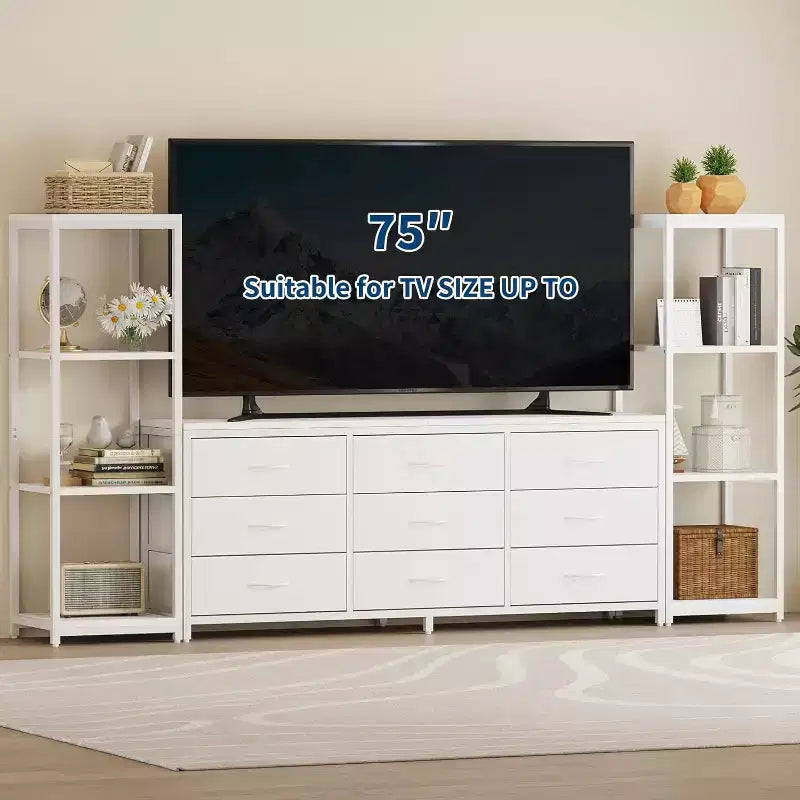 TV Stands Dresser with 9 Fabric Drawers, Large Entertainment Center with 2 Industrial 4-Tier Shelves, Modern TV Console Cabinet for Living Room