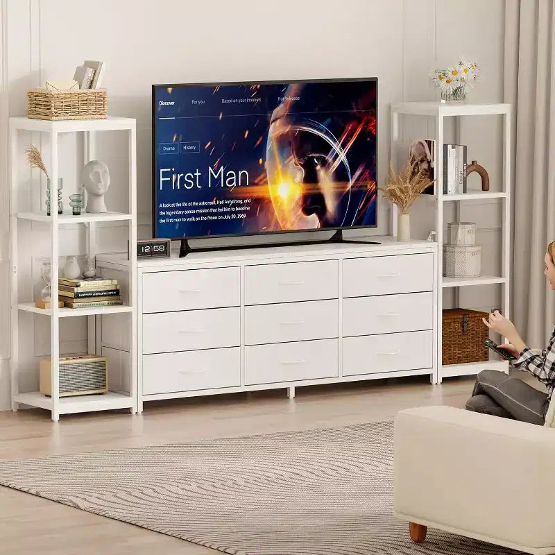TV Stands Dresser with 9 Fabric Drawers, Large Entertainment Center with 2 Industrial 4-Tier Shelves, Modern TV Console Cabinet for Living Room