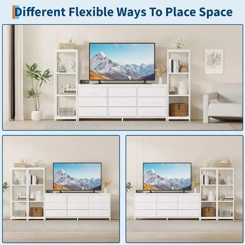 TV Stands Dresser with 9 Fabric Drawers, Large Entertainment Center with 2 Industrial 4-Tier Shelves, Modern TV Console Cabinet for Living Room