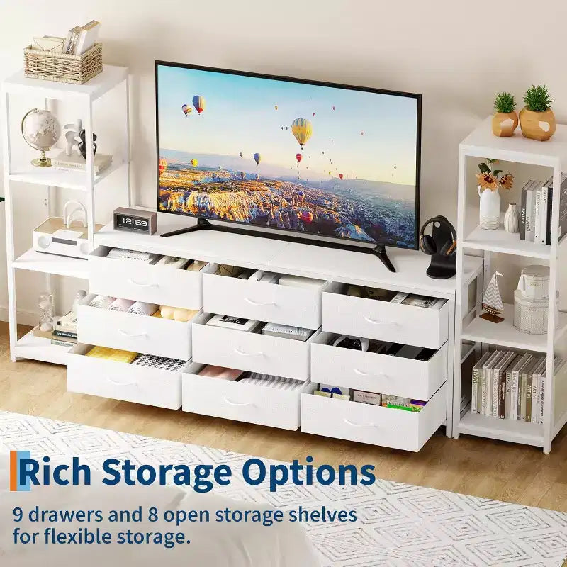 TV Stands Dresser with 9 Fabric Drawers, Large Entertainment Center with 2 Industrial 4-Tier Shelves, Modern TV Console Cabinet for Living Room