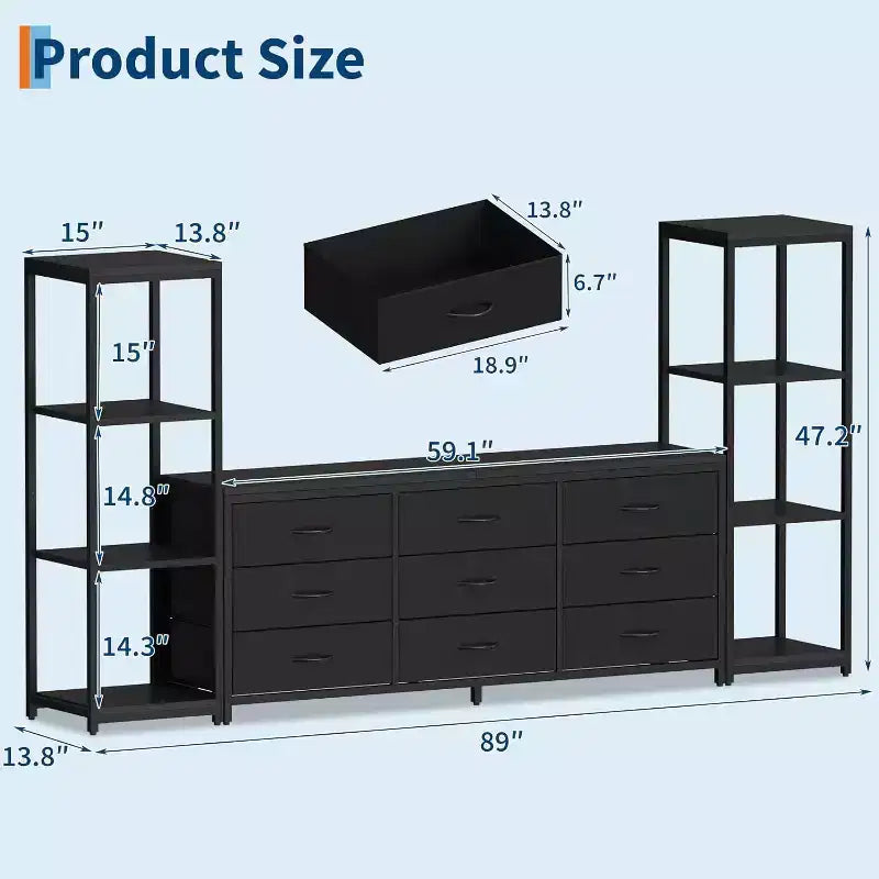 TV Stands Dresser with 9 Fabric Drawers, Large Entertainment Center with 2 Industrial 4-Tier Shelves, Modern TV Console Cabinet for Living Room