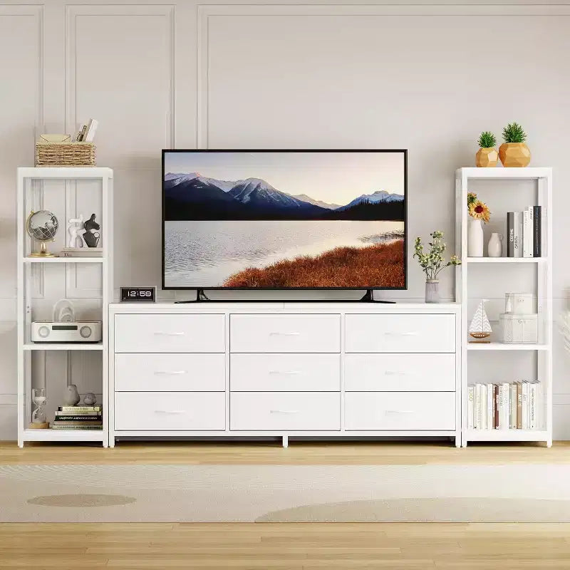 TV Stands Dresser with 9 Fabric Drawers, Large Entertainment Center with 2 Industrial 4-Tier Shelves, Modern TV Console Cabinet for Living Room