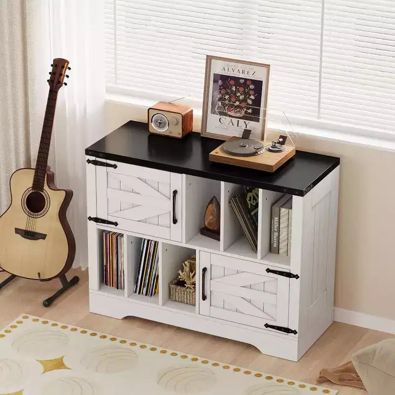 COZONY 39 Vinyl Record Storage Cabinet, Farmhouse Wood Turntable Stand with 2 Barn Doors, Large Record Player Table for Living Room Bedroom