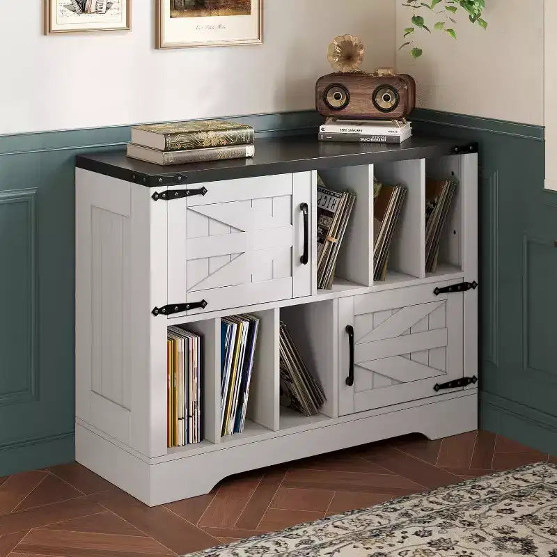 COZONY 39 Vinyl Record Storage Cabinet, Farmhouse Wood Turntable Stand with 2 Barn Doors, Large Record Player Table for Living Room Bedroom