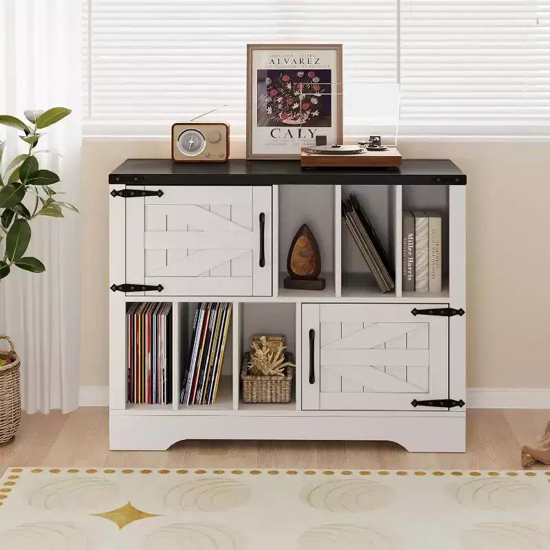 COZONY 39 Vinyl Record Storage Cabinet, Farmhouse Wood Turntable Stand with 2 Barn Doors, Large Record Player Table for Living Room Bedroom