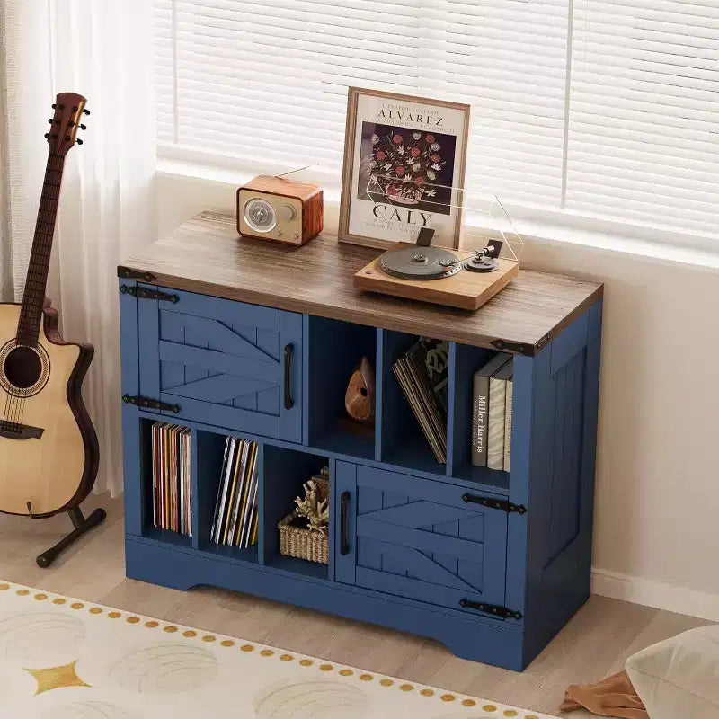 COZONY 39 Vinyl Record Storage Cabinet, Farmhouse Wood Turntable Stand with 2 Barn Doors, Large Record Player Table for Living Room Bedroom