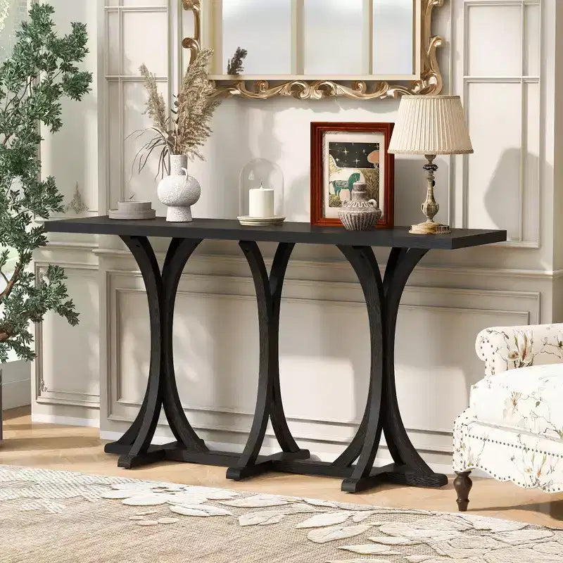 JVNOXK59.8'' Wooden Console Table with Oak Veneer Top,Farmhouse Entryway Table with Rubber Wood Slender Curved Legs,Black