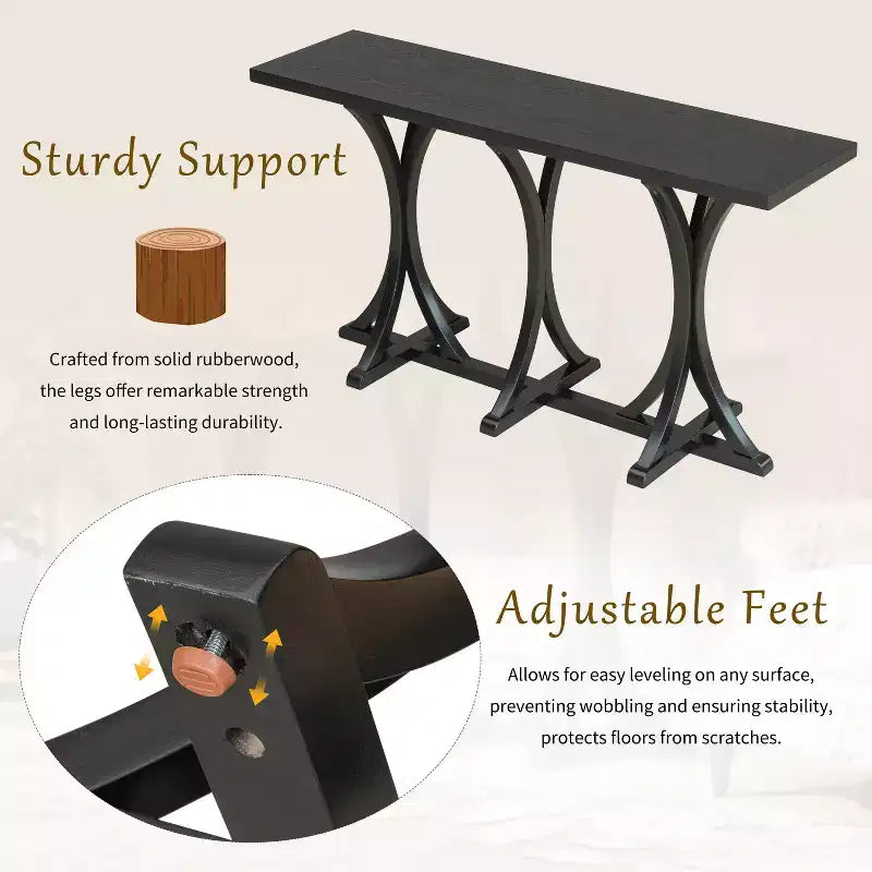 JVNOXK59.8'' Wooden Console Table with Oak Veneer Top,Farmhouse Entryway Table with Rubber Wood Slender Curved Legs,Black