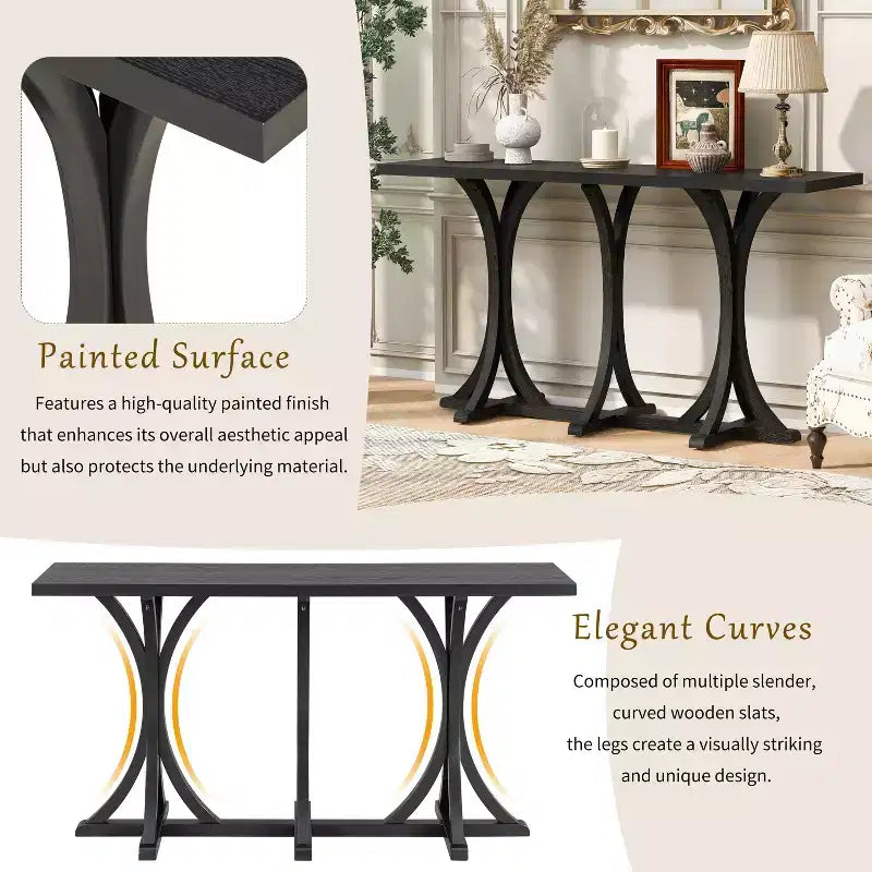 JVNOXK59.8'' Wooden Console Table with Oak Veneer Top,Farmhouse Entryway Table with Rubber Wood Slender Curved Legs,Black