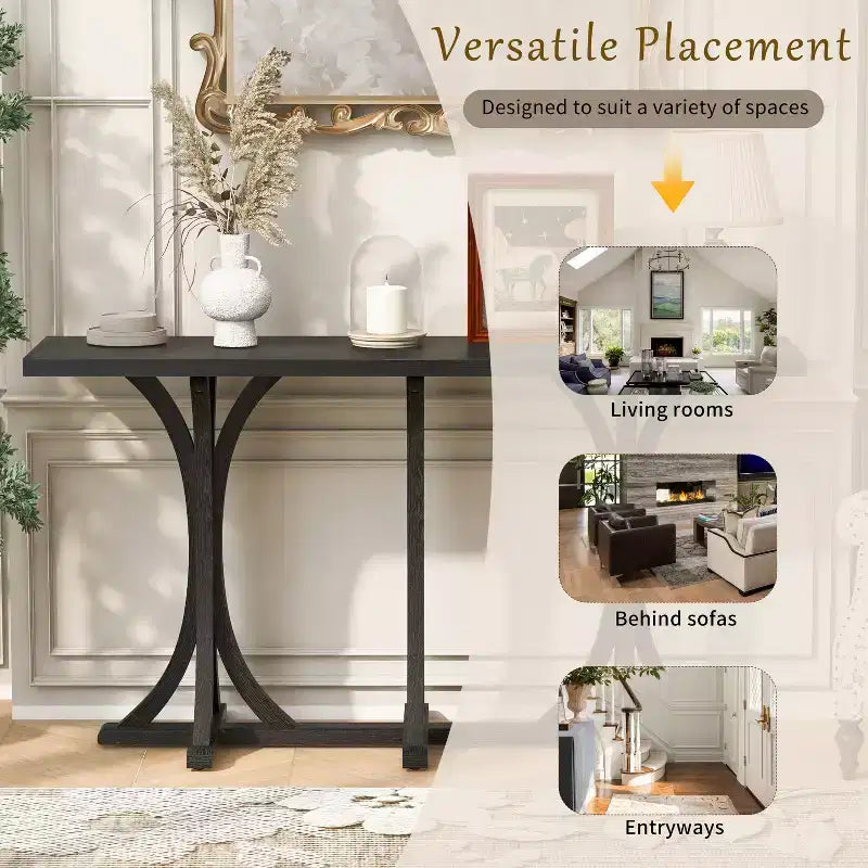 JVNOXK59.8'' Wooden Console Table with Oak Veneer Top,Farmhouse Entryway Table with Rubber Wood Slender Curved Legs,Black