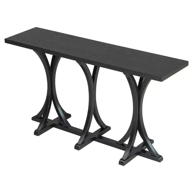 JVNOXK59.8'' Wooden Console Table with Oak Veneer Top,Farmhouse Entryway Table with Rubber Wood Slender Curved Legs,Black