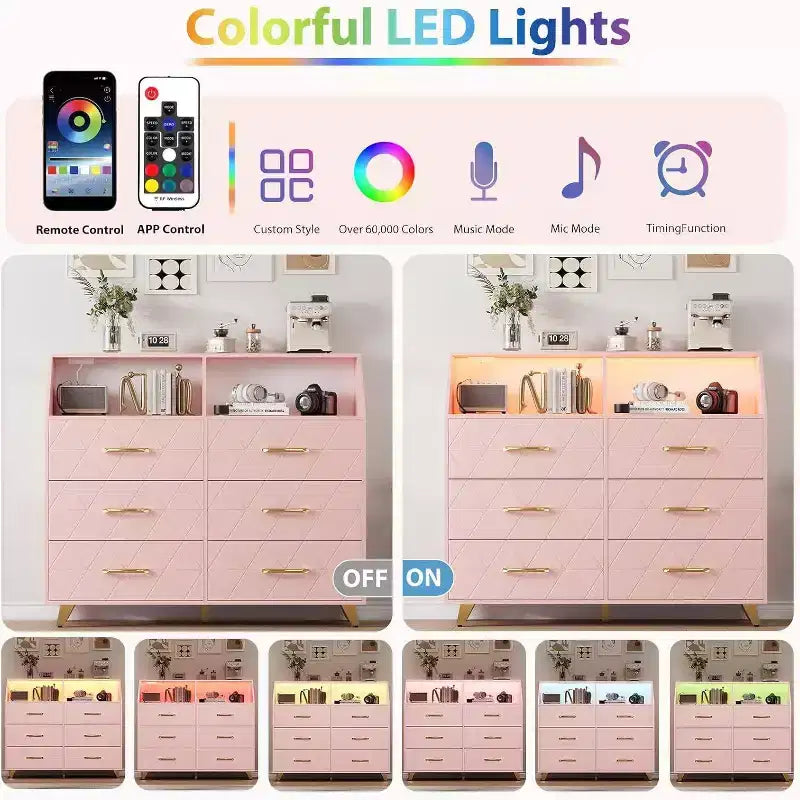 Acekool 6 Drawer Dresser with Power Station, Geometric Front & Gold Legs, Modern Storage Cabinet for Bedroom, Living Room, Entryway
