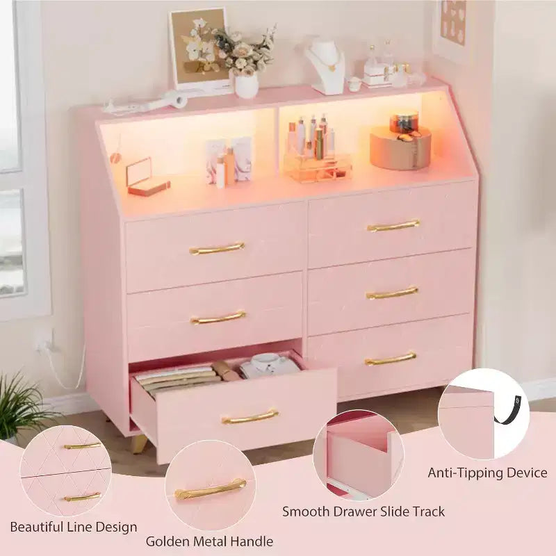 Acekool 6 Drawer Dresser with Power Station, Geometric Front & Gold Legs, Modern Storage Cabinet for Bedroom, Living Room, Entryway