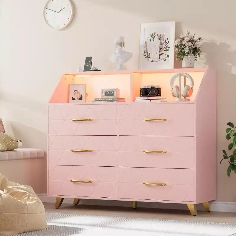 Acekool 6 Drawer Dresser with Power Station, Geometric Front & Gold Legs, Modern Storage Cabinet for Bedroom, Living Room, Entryway