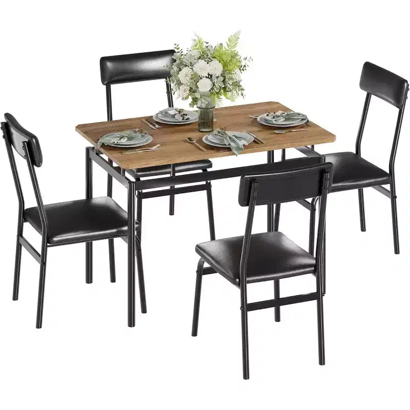 5 Piece Dining Table Set, Wooden Kitchen Table Set with 4 PU Upholstered Chair, Industrial Metal Frame Dinette Set