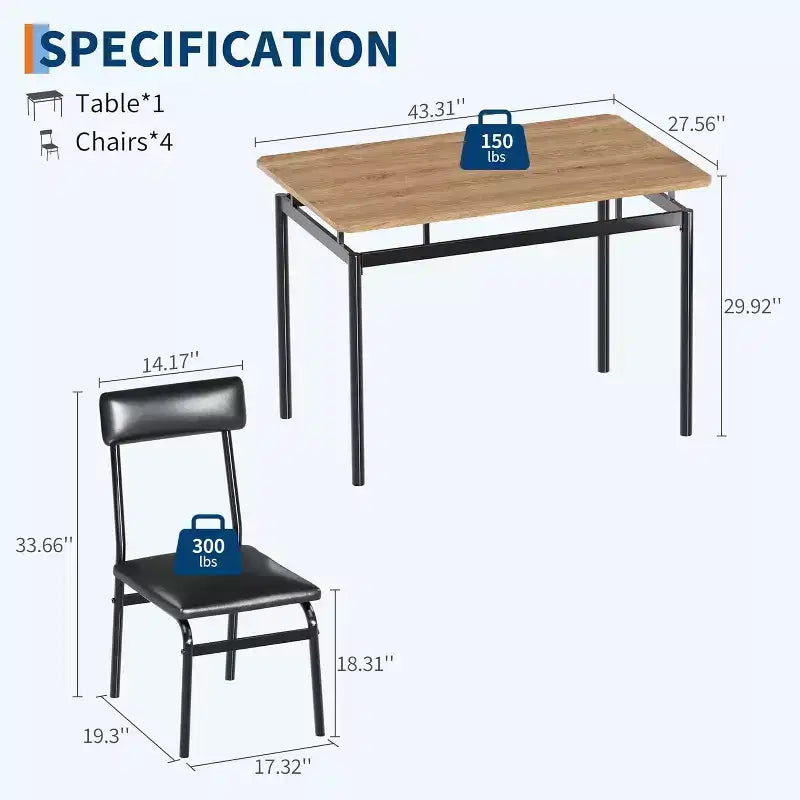 5 Piece Dining Table Set, Wooden Kitchen Table Set with 4 PU Upholstered Chair, Industrial Metal Frame Dinette Set
