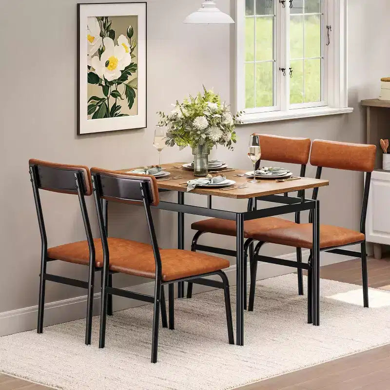 5 Piece Dining Table Set, Wooden Kitchen Table Set with 4 PU Upholstered Chair, Industrial Metal Frame Dinette Set