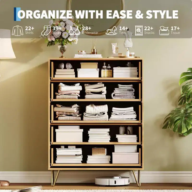 Modern Fluted 5-Drawer Dresser 47.72 Tall, Natural Oak, Gold Handles, 200 lbs Top, Anti-Tip, Waterproof, Bedroom/Hallway Statement Storage