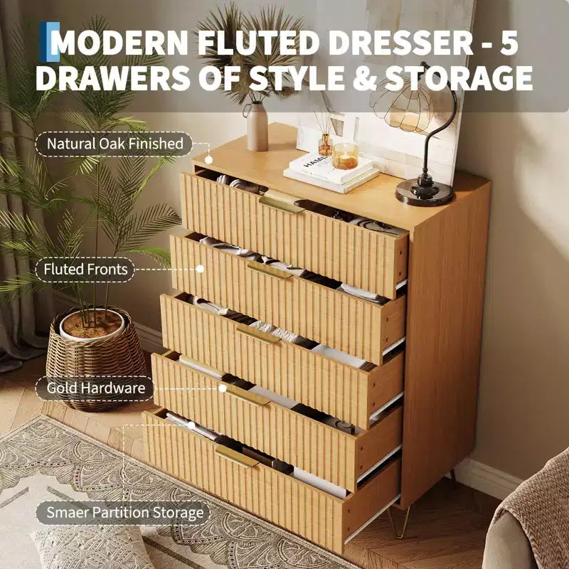 Modern Fluted 5-Drawer Dresser 47.72 Tall, Natural Oak, Gold Handles, 200 lbs Top, Anti-Tip, Waterproof, Bedroom/Hallway Statement Storage