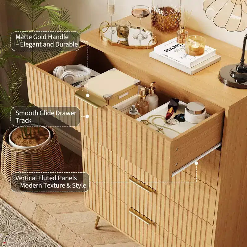 Modern Fluted 5-Drawer Dresser 47.72 Tall, Natural Oak, Gold Handles, 200 lbs Top, Anti-Tip, Waterproof, Bedroom/Hallway Statement Storage