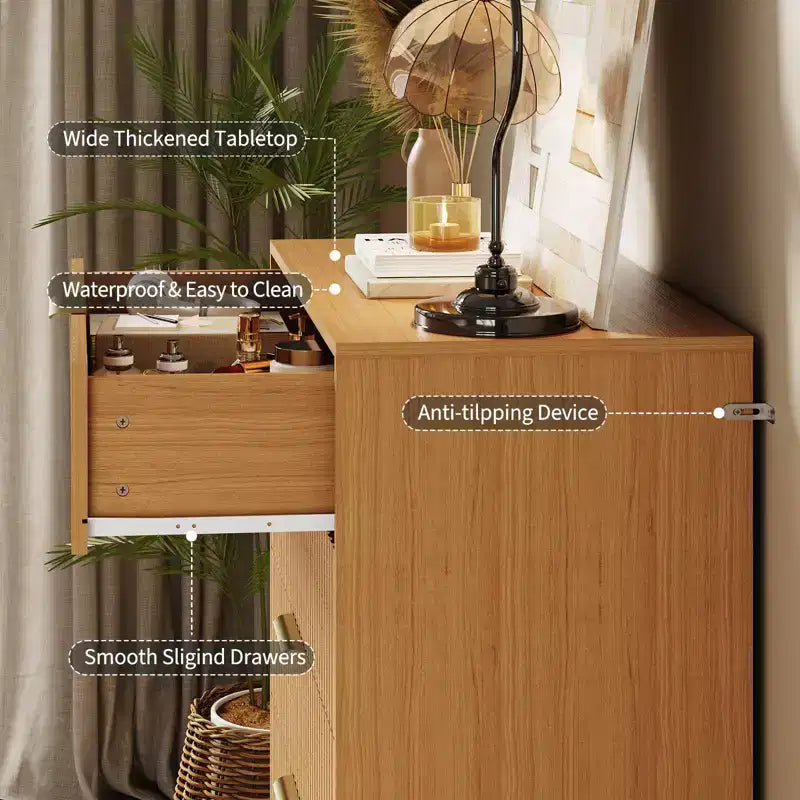 Modern Fluted 5-Drawer Dresser 47.72 Tall, Natural Oak, Gold Handles, 200 lbs Top, Anti-Tip, Waterproof, Bedroom/Hallway Statement Storage