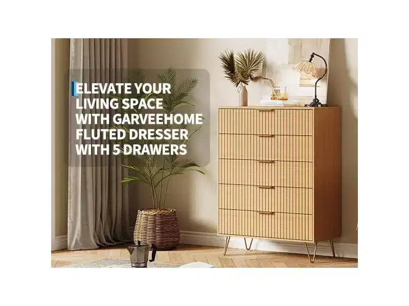 Modern Fluted 5-Drawer Dresser 47.72 Tall, Natural Oak, Gold Handles, 200 lbs Top, Anti-Tip, Waterproof, Bedroom/Hallway Statement Storage