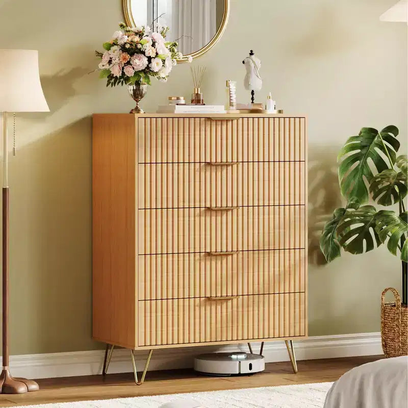 Modern Fluted 5-Drawer Dresser 47.72 Tall, Natural Oak, Gold Handles, 200 lbs Top, Anti-Tip, Waterproof, Bedroom/Hallway Statement Storage