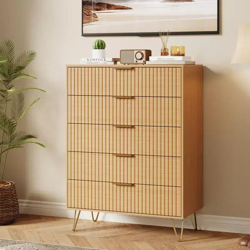 Modern Fluted 5-Drawer Dresser 47.72 Tall, Natural Oak, Gold Handles, 200 lbs Top, Anti-Tip, Waterproof, Bedroom/Hallway Statement Storage
