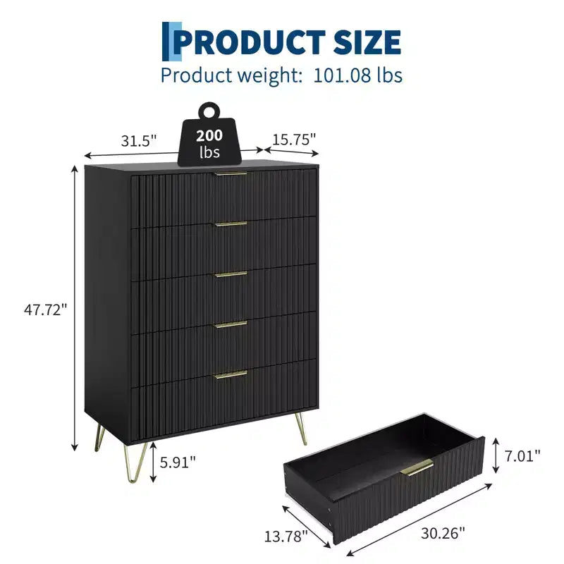 Modern Fluted 5-Drawer Dresser 47.72 Tall, Natural Oak, Gold Handles, 200 lbs Top, Anti-Tip, Waterproof, Bedroom/Hallway Statement Storage